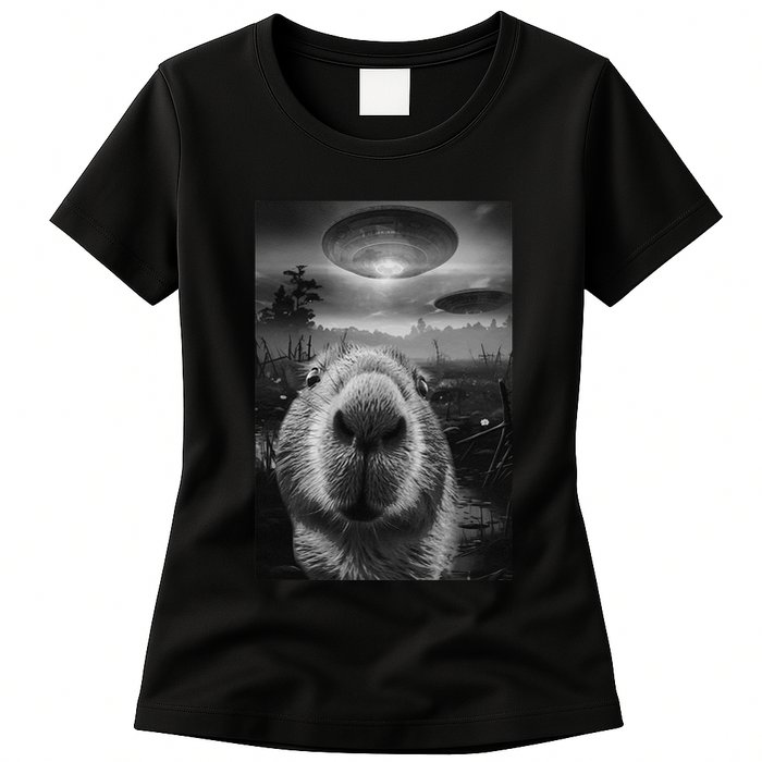 Funny Graphic Capybara Selfie With Ufos Weird Womens T-Shirt