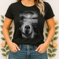 Funny Graphic Capybara Selfie With Ufos Weird Womens T-Shirt