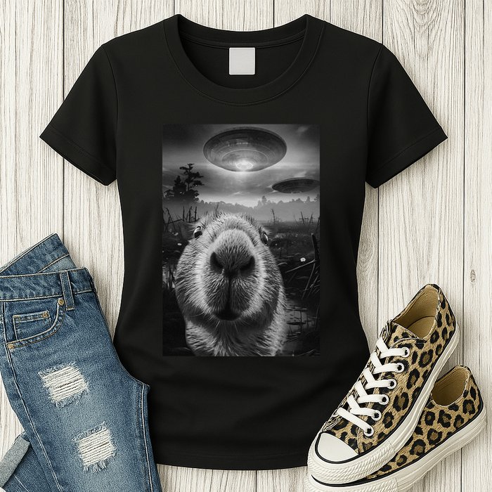 Funny Graphic Capybara Selfie With Ufos Weird Womens T-Shirt