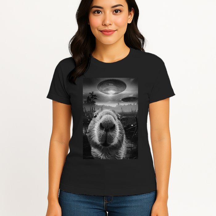 Funny Graphic Capybara Selfie With Ufos Weird Womens T-Shirt
