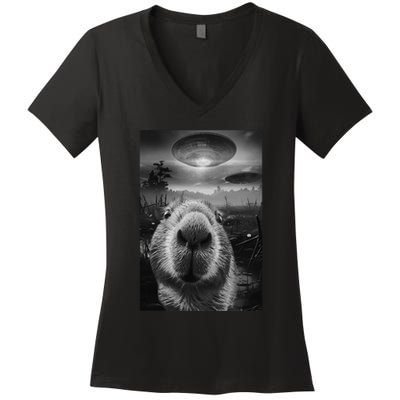 Funny Graphic Capybara Selfie With Ufos Weird Women's V-Neck T-Shirt