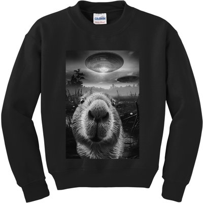 Funny Graphic Capybara Selfie With Ufos Weird Kids Sweatshirt