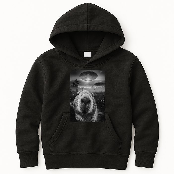 Funny Graphic Capybara Selfie With Ufos Weird Kids Hoodie