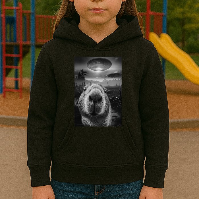 Funny Graphic Capybara Selfie With Ufos Weird Kids Hoodie