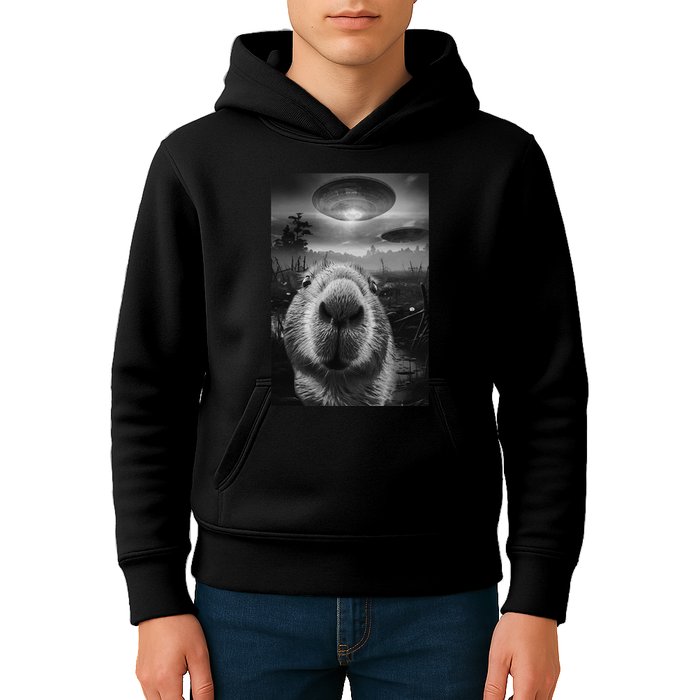 Funny Graphic Capybara Selfie With Ufos Weird Kids Hoodie