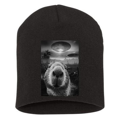 Funny Graphic Capybara Selfie With Ufos Weird Short Acrylic Beanie
