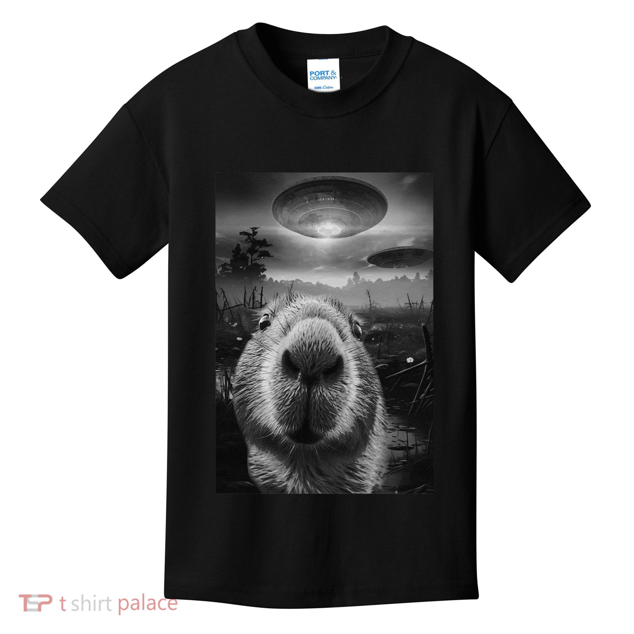 Funny Graphic Capybara Selfie With Ufos Weird Kids T-Shirt