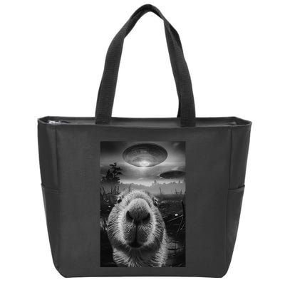 Funny Graphic Capybara Selfie With Ufos Weird Zip Tote Bag