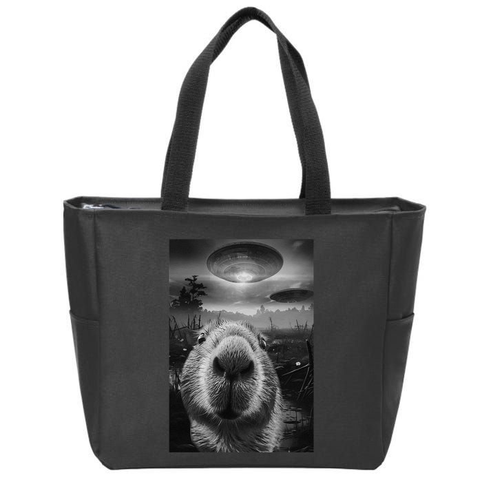 Funny Graphic Capybara Selfie With Ufos Weird Zip Tote Bag