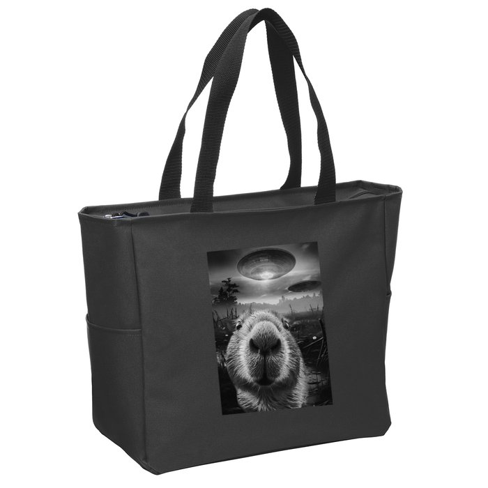 Funny Graphic Capybara Selfie With Ufos Weird Zip Tote Bag