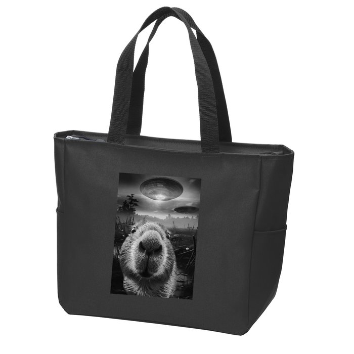 Funny Graphic Capybara Selfie With Ufos Weird Zip Tote Bag