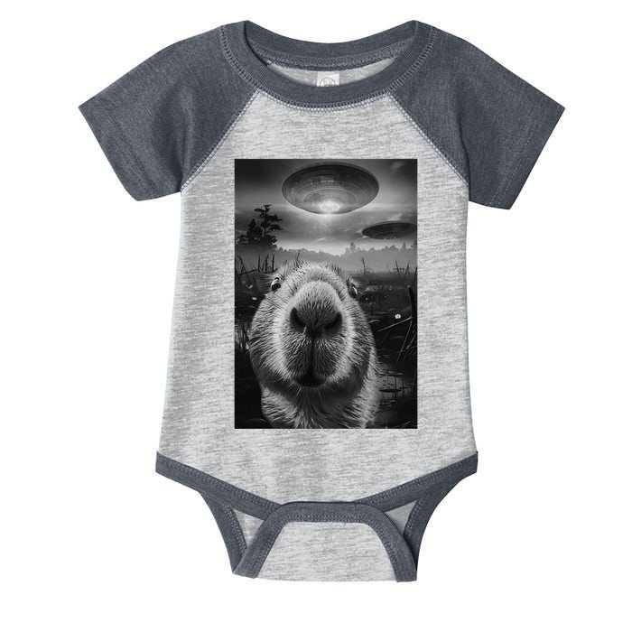 Funny Graphic Capybara Selfie With Ufos Weird Infant Baby Jersey Bodysuit