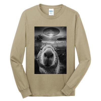 Funny Graphic Capybara Selfie With Ufos Weird Tall Long Sleeve T-Shirt
