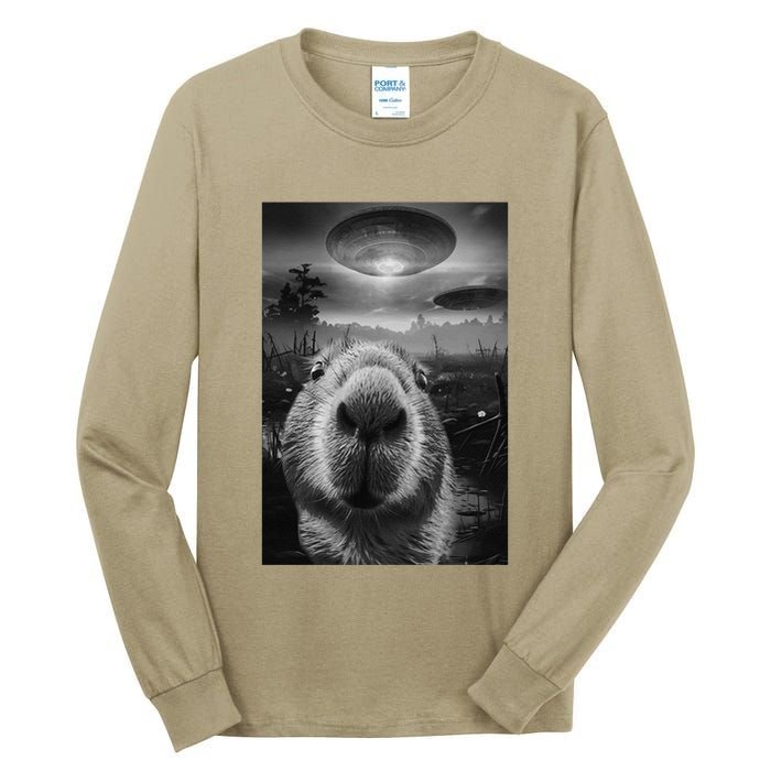 Funny Graphic Capybara Selfie With Ufos Weird Tall Long Sleeve T-Shirt