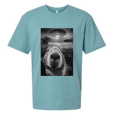 Funny Graphic Capybara Selfie With Ufos Weird Sueded Cloud Jersey T-Shirt
