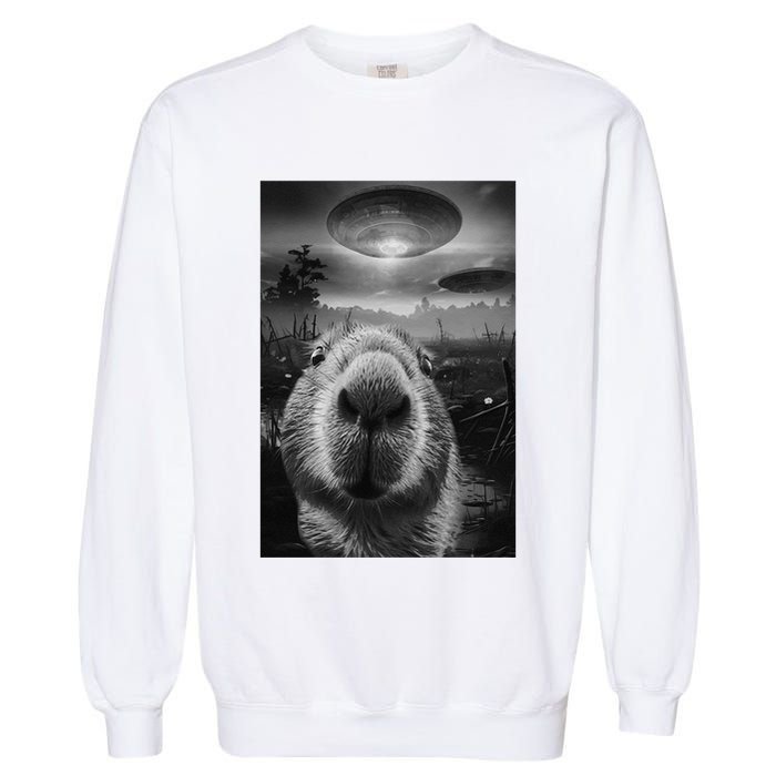 Funny Graphic Capybara Selfie With Ufos Weird Garment-Dyed Sweatshirt