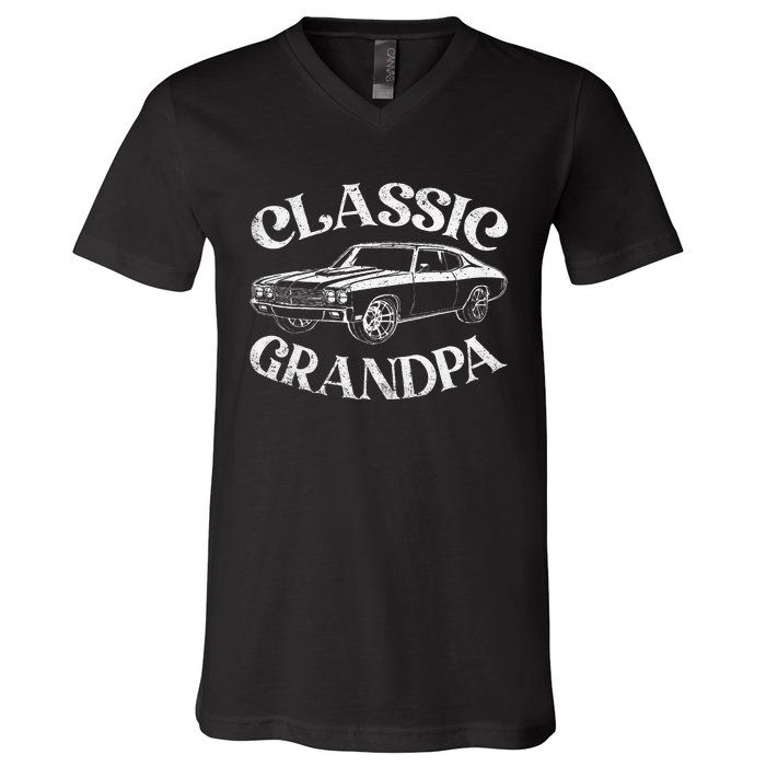 Funny Grandpa Classic Car Graphic Family Grandpa Fathers Day V-Neck T-Shirt