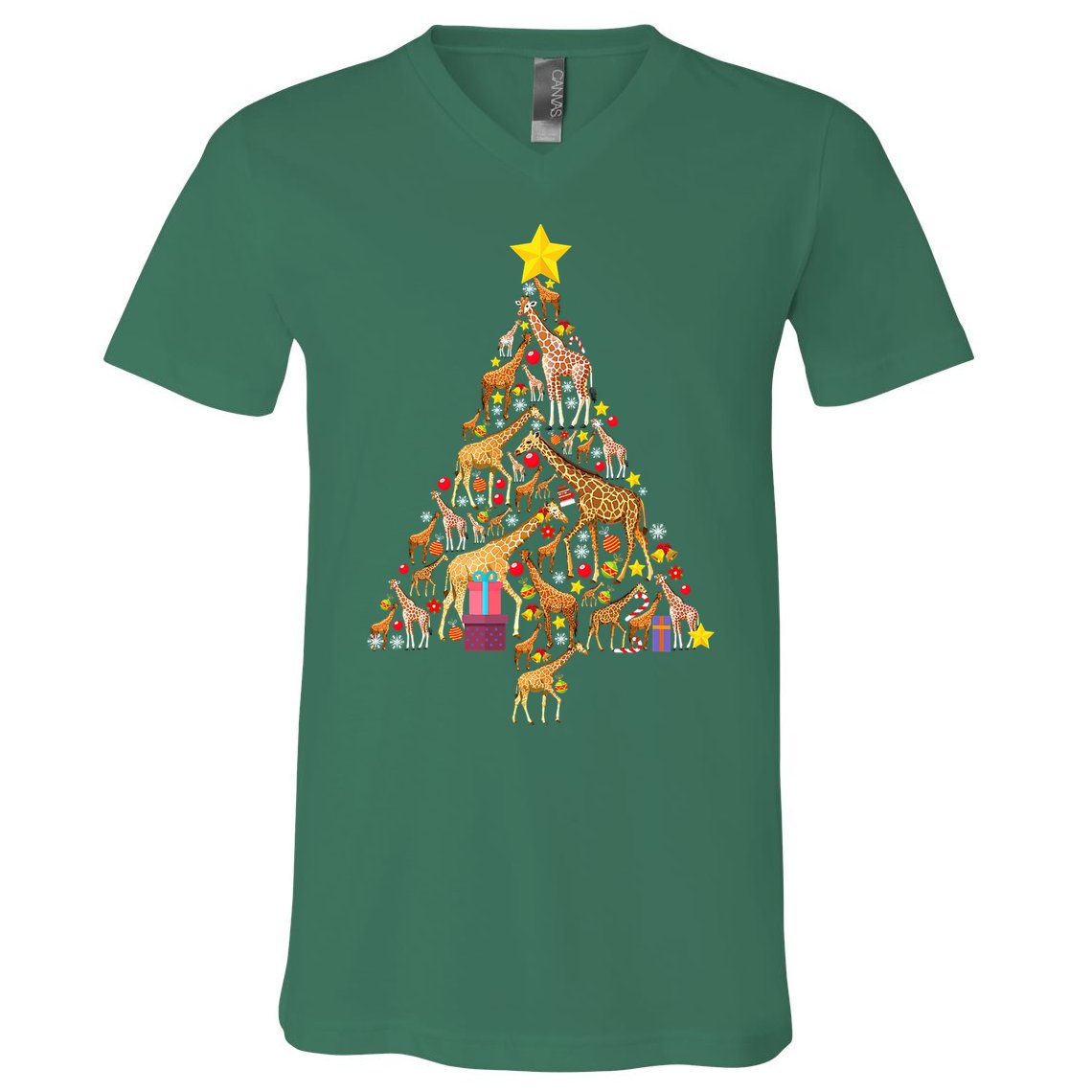 Funny Giraffe Christmas Tree Zookeeper Xmas V-Neck T-Shirt