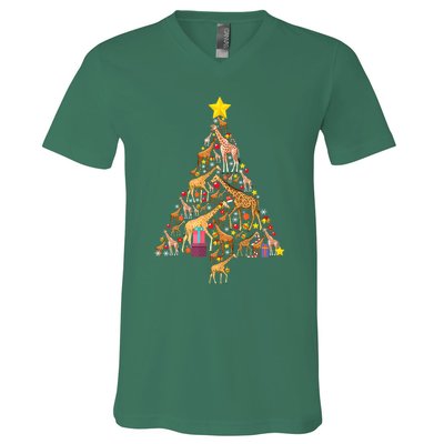 Funny Giraffe Christmas Tree Zookeeper Xmas V-Neck T-Shirt