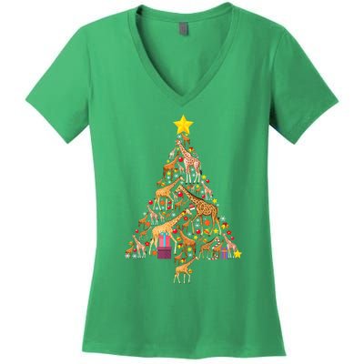 Funny Giraffe Christmas Tree Zookeeper Xmas Women's V-Neck T-Shirt