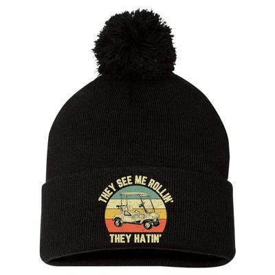 Funny Golf Cart See Me Rollin They Hatin Humor Pom Pom 12in Knit Beanie