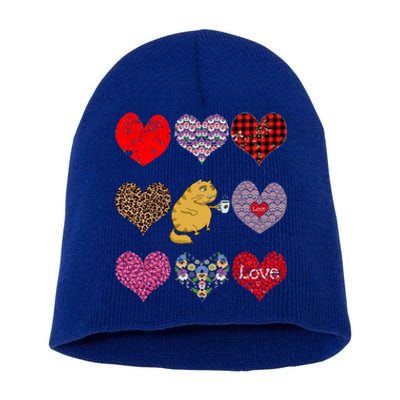 Funny Ginger Cat Hearts Pattern Coffee Lover Valentines Day Gift Short Acrylic Beanie