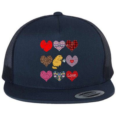 Funny Ginger Cat Hearts Pattern Coffee Lover Valentines Day Gift Flat Bill Trucker Hat