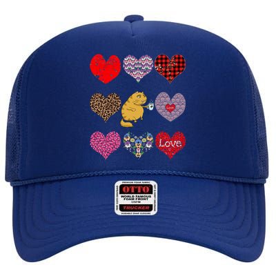 Funny Ginger Cat Hearts Pattern Coffee Lover Valentines Day Gift High Crown Mesh Back Trucker Hat