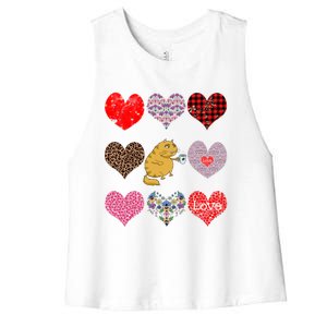 Funny Ginger Cat Hearts Pattern Coffee Lover Valentines Day Gift Women's Racerback Cropped Tank