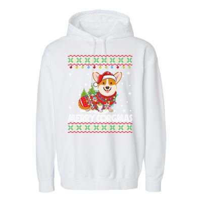 Funny Gift Corgi Dog Santa Corgi Ugly Christmas Garment-Dyed Fleece Hoodie