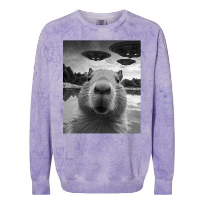 Funny Graphic Capybara Selfie With Ufos Weird Colorblast Crewneck Sweatshirt