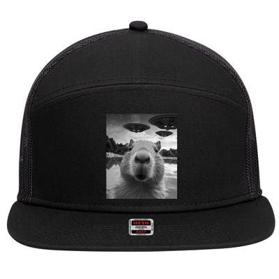 Funny Graphic Capybara Selfie With Ufos Weird 7 Panel Mesh Trucker Snapback Hat