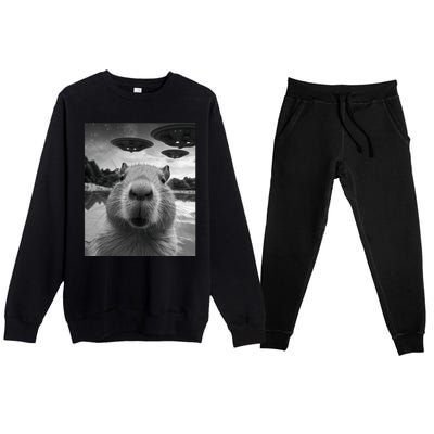 Funny Graphic Capybara Selfie With Ufos Weird Premium Crewneck Sweatsuit Set