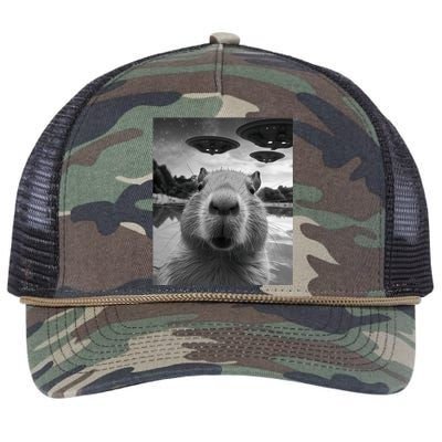 Funny Graphic Capybara Selfie With Ufos Weird Retro Rope Trucker Hat Cap