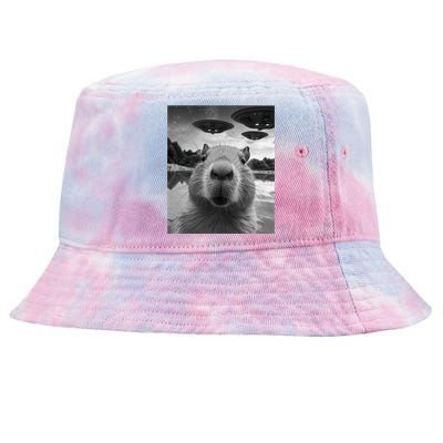 Funny Graphic Capybara Selfie With Ufos Weird Tie-Dyed Bucket Hat