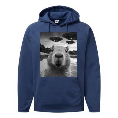 Funny Graphic Capybara Selfie With Ufos Weird Performance Fleece Hoodie