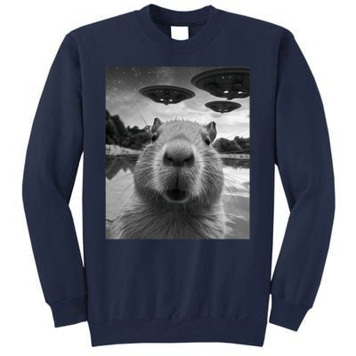 Funny Graphic Capybara Selfie With Ufos Weird Tall Sweatshirt