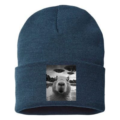 Funny Graphic Capybara Selfie With Ufos Weird Sustainable Knit Beanie