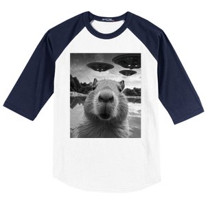 Funny Graphic Capybara Selfie With Ufos Weird Baseball Sleeve Shirt