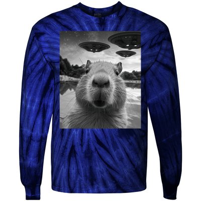 Funny Graphic Capybara Selfie With Ufos Weird Tie-Dye Long Sleeve Shirt