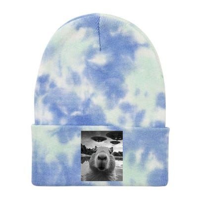 Funny Graphic Capybara Selfie With Ufos Weird Tie Dye 12in Knit Beanie