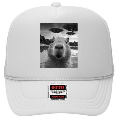 Funny Graphic Capybara Selfie With Ufos Weird High Crown Mesh Back Trucker Hat