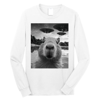 Funny Graphic Capybara Selfie With Ufos Weird Long Sleeve Shirt