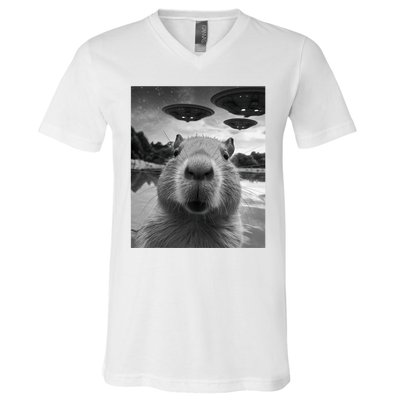 Funny Graphic Capybara Selfie With Ufos Weird V-Neck T-Shirt