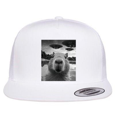 Funny Graphic Capybara Selfie With Ufos Weird Flat Bill Trucker Hat