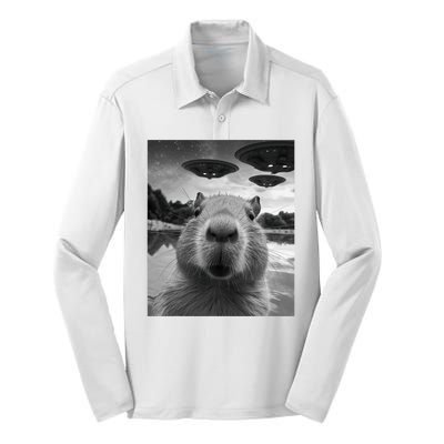 Funny Graphic Capybara Selfie With Ufos Weird Silk Touch Performance Long Sleeve Polo