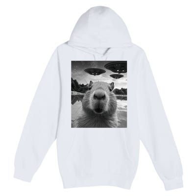 Funny Graphic Capybara Selfie With Ufos Weird Premium Pullover Hoodie