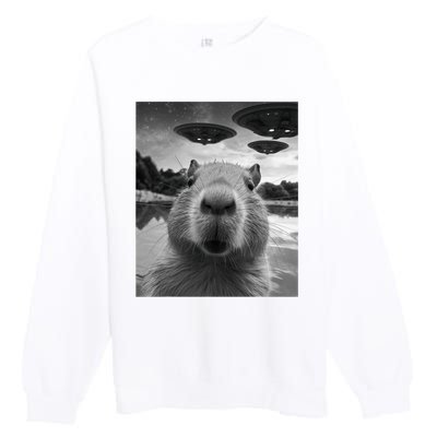 Funny Graphic Capybara Selfie With Ufos Weird Premium Crewneck Sweatshirt