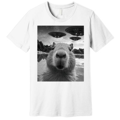 Funny Graphic Capybara Selfie With Ufos Weird Premium T-Shirt