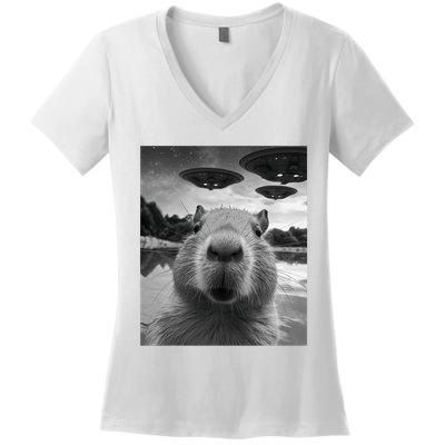 Funny Graphic Capybara Selfie With Ufos Weird Women's V-Neck T-Shirt